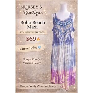 Tie Dye Boho Midi Dress Embroidered Sleeveless Plus Size 3X